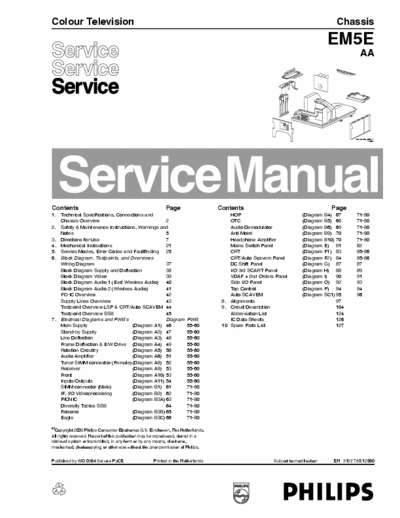 Philips EM5E AA Philips Color Television
Chassis: EM5E AA
Full Service Manual